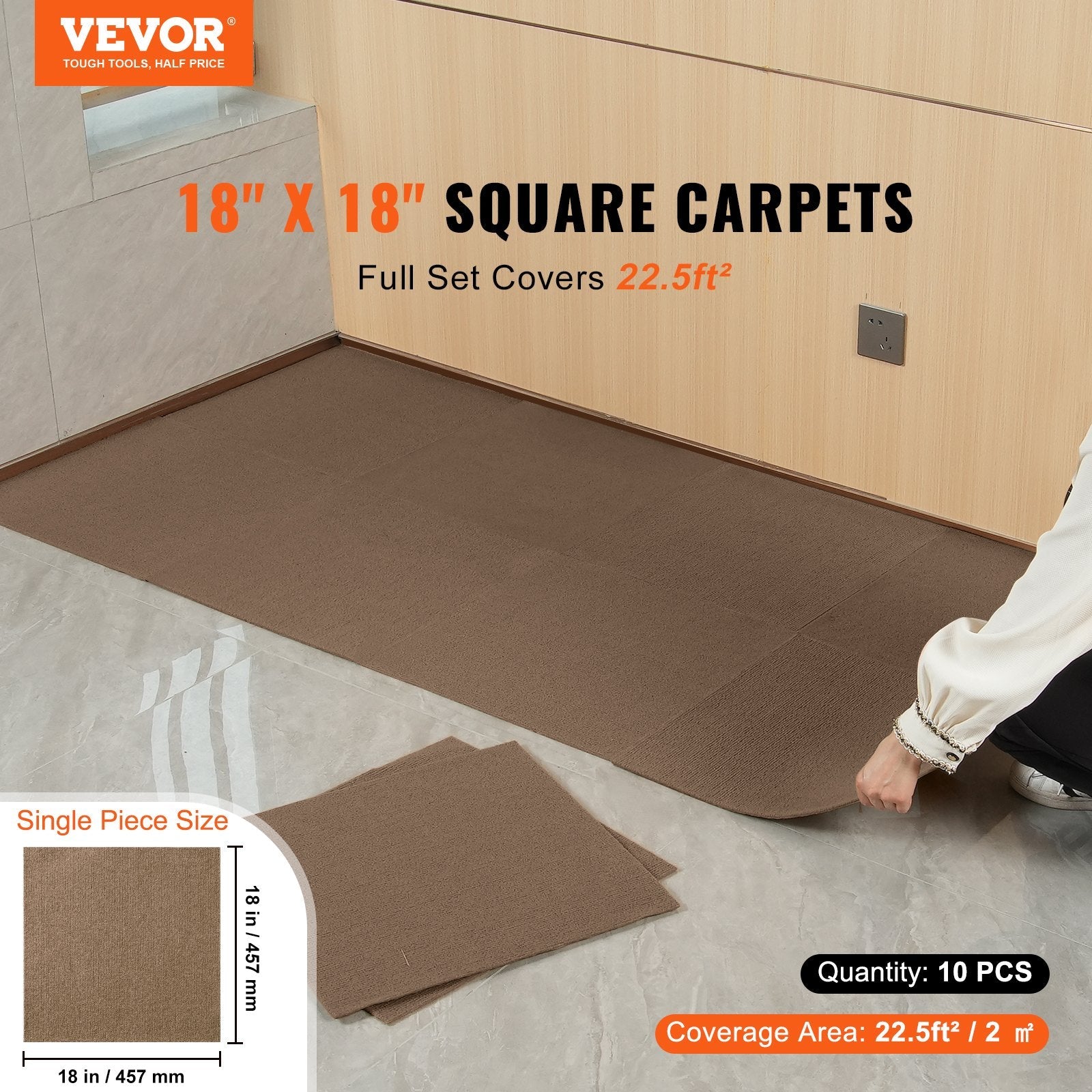 VEVOR Carpet Tiles Peel and Stick, 18” x 18” Squares Self Adhesive Carpet Floor Tile, Soft Padded Carpet Tiles, Easy Install DIY for Bedroom Living Room Indoor Outdoor (10 Tiles, Dark Brown) 