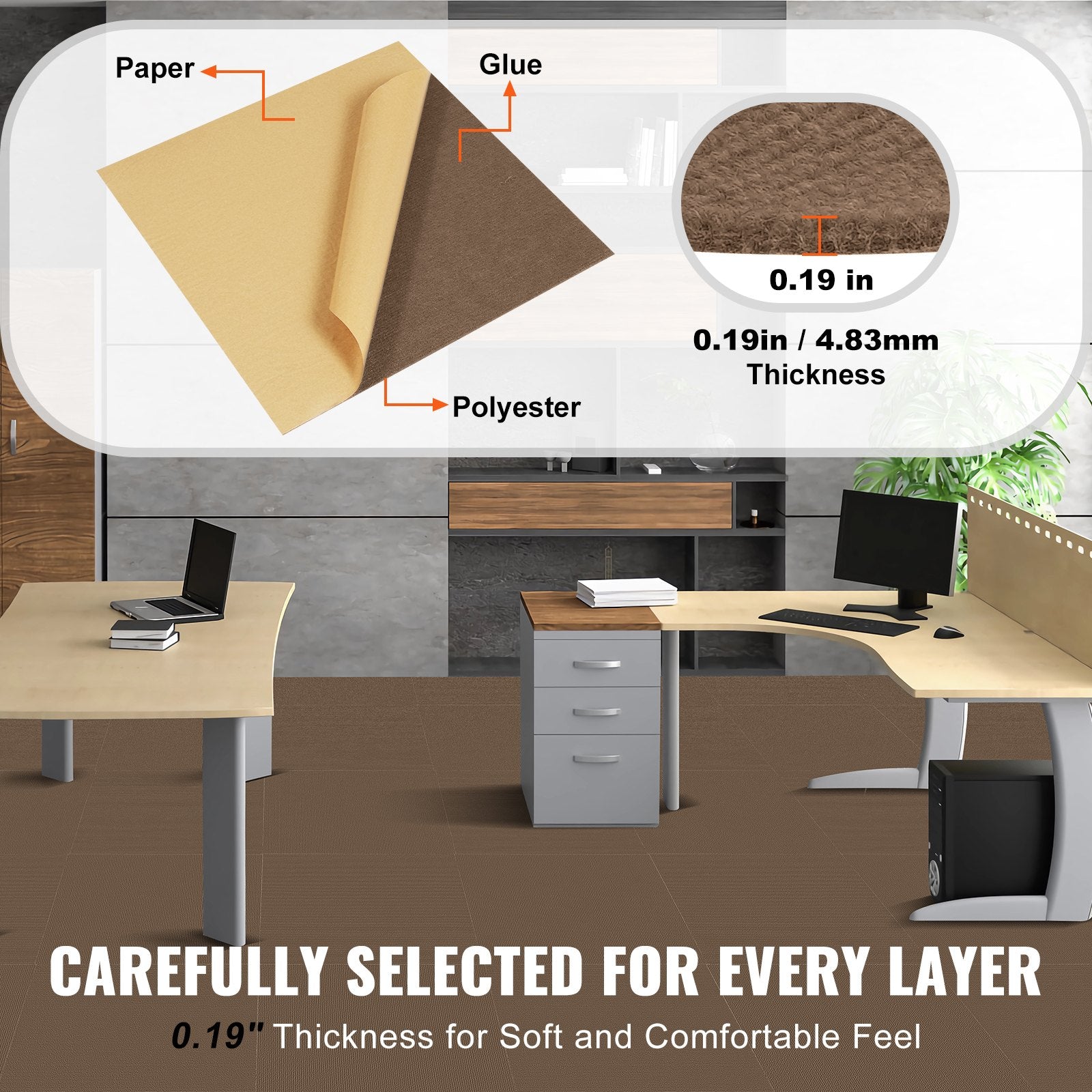 VEVOR Carpet Tiles Peel and Stick, 18” x 18” Squares Self Adhesive Carpet Floor Tile, Soft Padded Carpet Tiles, Easy Install DIY for Bedroom Living Room Indoor Outdoor (10 Tiles, Dark Brown) 