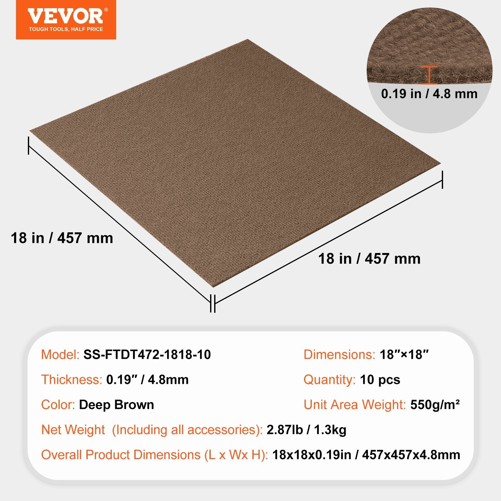 VEVOR Carpet Tiles Peel and Stick, 18” x 18” Squares Self Adhesive Carpet Floor Tile, Soft Padded Carpet Tiles, Easy Install DIY for Bedroom Living Room Indoor Outdoor (10 Tiles, Dark Brown) 