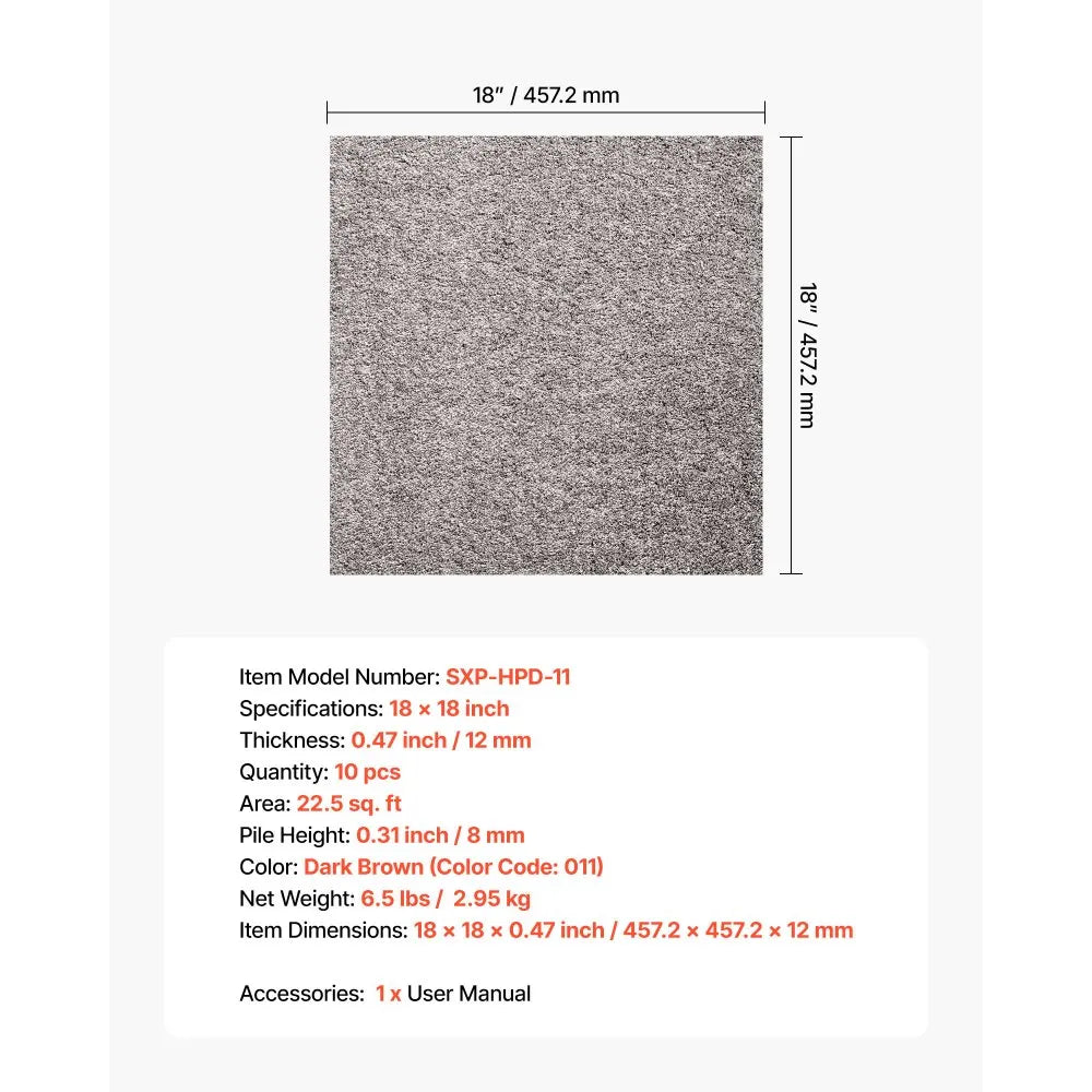 VEVOR Carpet Tiles 18x18 inch, 10 Pack Peel and Stick Carpet Square Rug, Self Adhesive Commercial Floor Soft Padded for Seamless Cover 22.5sq.ft, Easy DIY for Living Room Office, Dark Brown 
