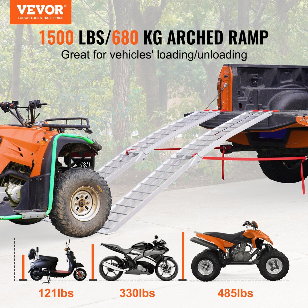 VEVOR Aluminum Ramps, 1500 lbs Folding Loading Ramps for Pickup Trucks Bed, Trailers Ramp with Load Straps for Dirt Bike, UTV, ATV, Trucks, Lawn Mowers, Snowblower, Cargo Trailer, 89"L x 12"W, 2 Pcs 