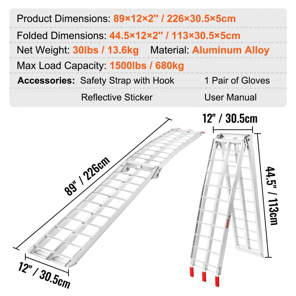 VEVOR Aluminum Ramps, 1500 lbs Folding Loading Ramps for Pickup Trucks Bed, Trailers Ramp with Load Straps for Dirt Bike, UTV, ATV, Trucks, Lawn Mowers, Snowblower, Cargo Trailer, 89"L x 12"W, 2 Pcs 
