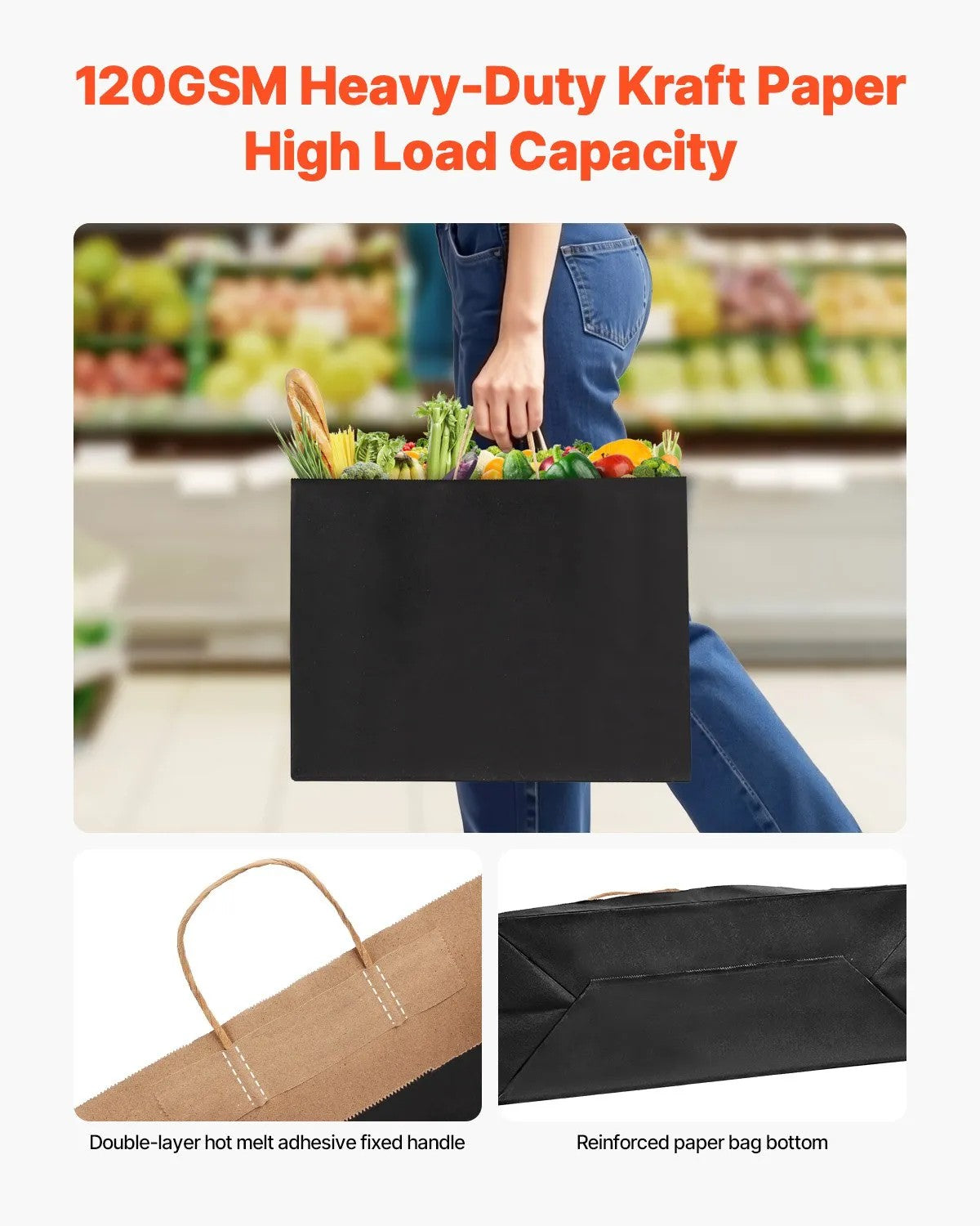 VEVOR Kraft Paper Bags with Handles 100Pcs 16x6x12 in Party Shopping Bag Black 