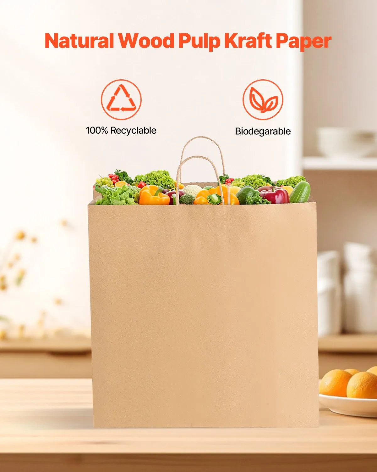 VEVOR Kraft Paper Bags with Handles – 100Pcs, 18 x 7 x 19 in, Large Reusable & 100% Recycled Grocery/Party Bags 