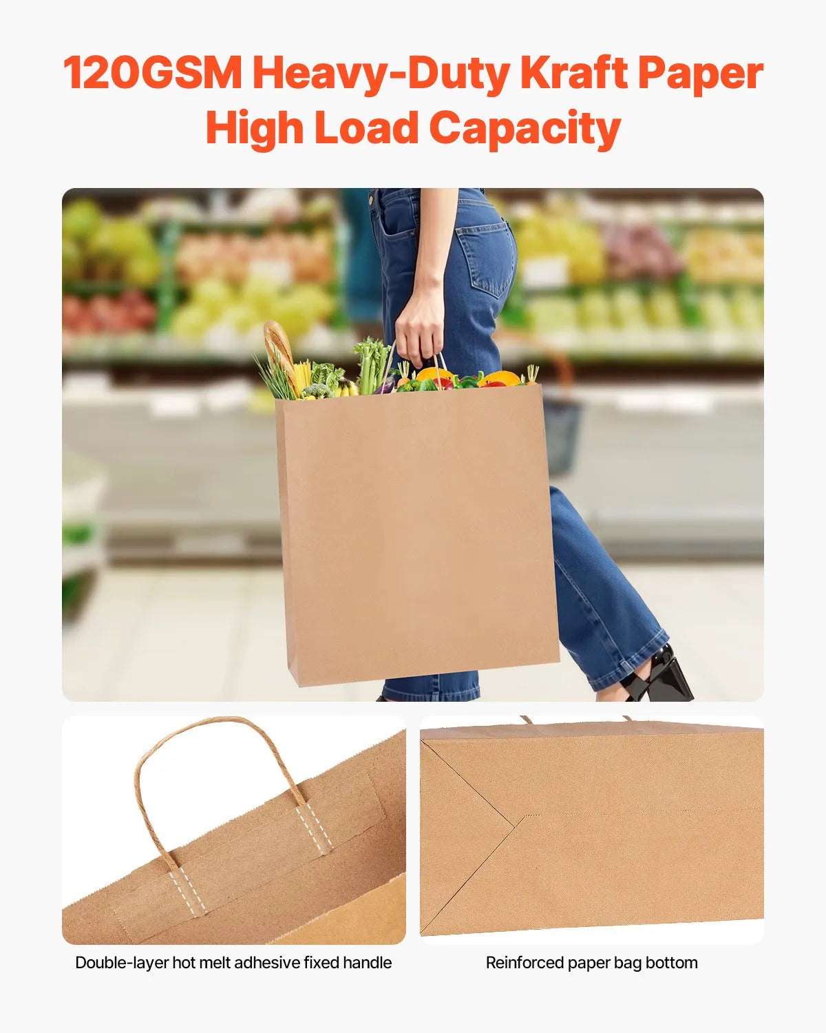 VEVOR Kraft Paper Bags with Handles – 100Pcs, 18 x 7 x 19 in, Large Reusable & 100% Recycled Grocery/Party Bags 