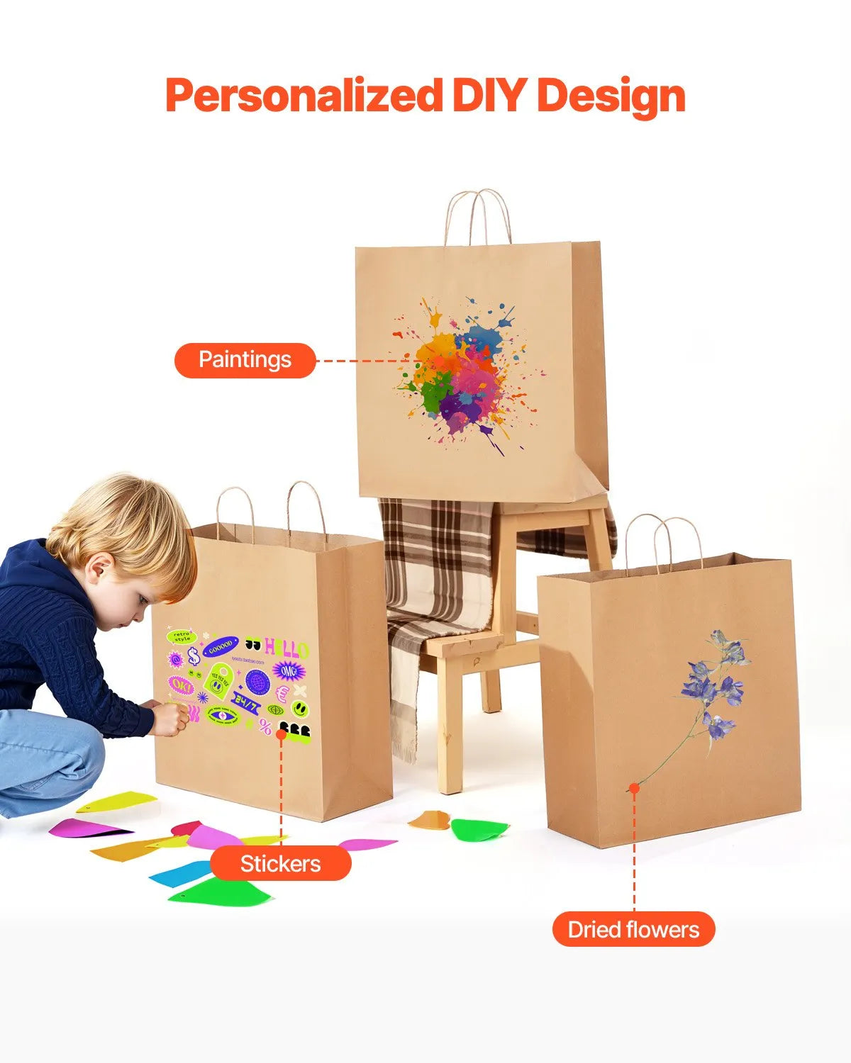 VEVOR Kraft Paper Bags with Handles – 100Pcs, 18 x 7 x 19 in, Large Reusable & 100% Recycled Grocery/Party Bags 