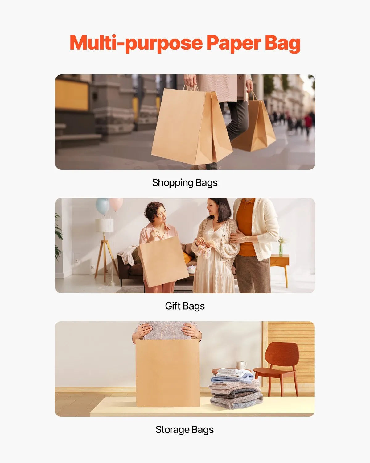 VEVOR Kraft Paper Bags with Handles – 100Pcs, 18 x 7 x 19 in, Large Reusable & 100% Recycled Grocery/Party Bags 