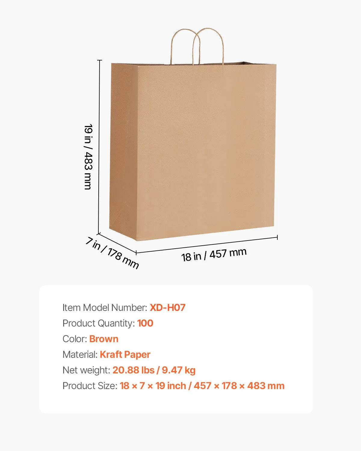 VEVOR Kraft Paper Bags with Handles – 100Pcs, 18 x 7 x 19 in, Large Reusable & 100% Recycled Grocery/Party Bags 