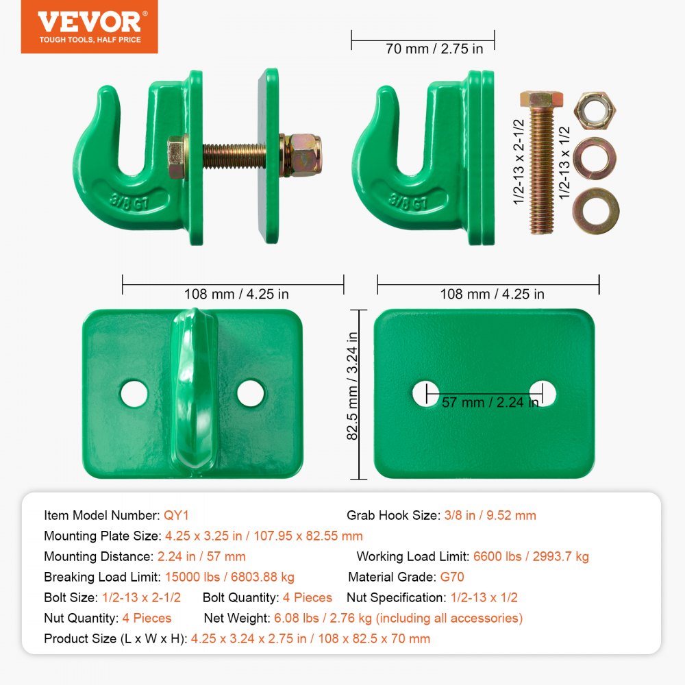 VEVOR 3/8" Tractor Bucket Hooks Grade 70 Forged Steel Grab Hooks Backer Plate 