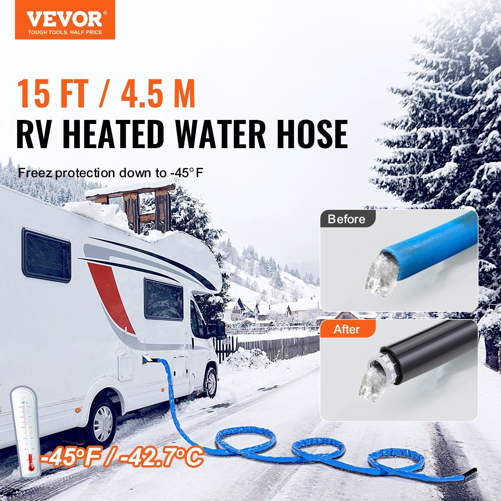VEVOR 15ft Heated Water Hose for RV -45? Antifreeze Heated Drinking Water Hose 