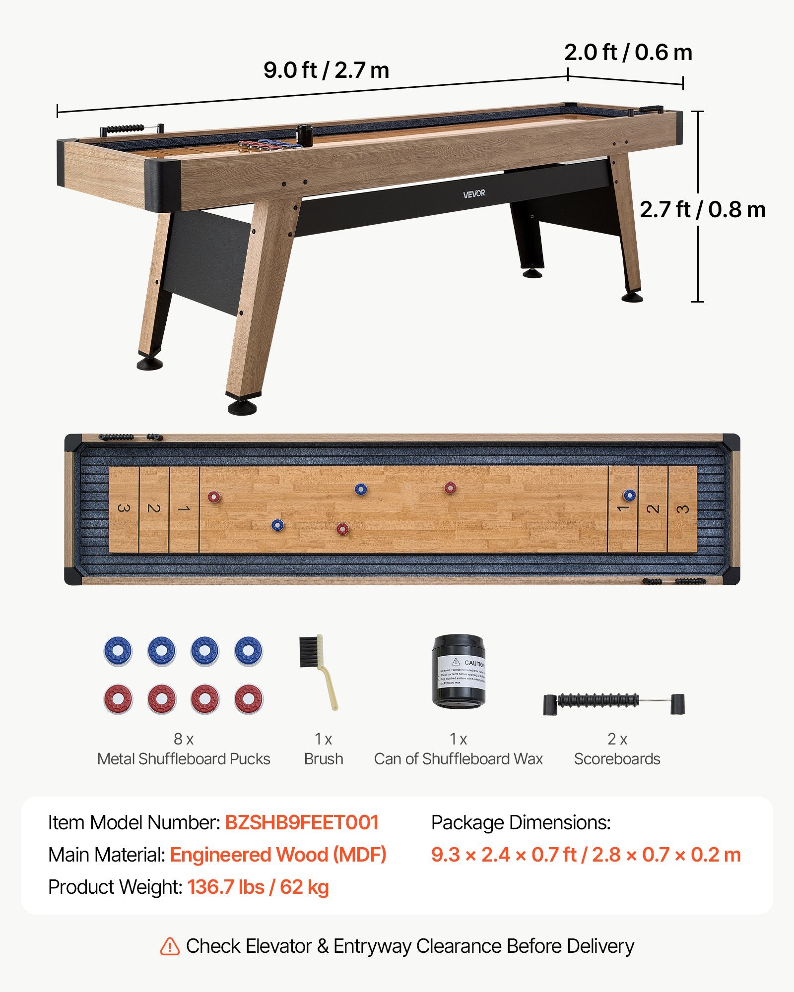 9 ft Shuffleboard Table with Accessories, Scratch-Resistant Playfield, Pedestal Legs & Adjustable Levelers