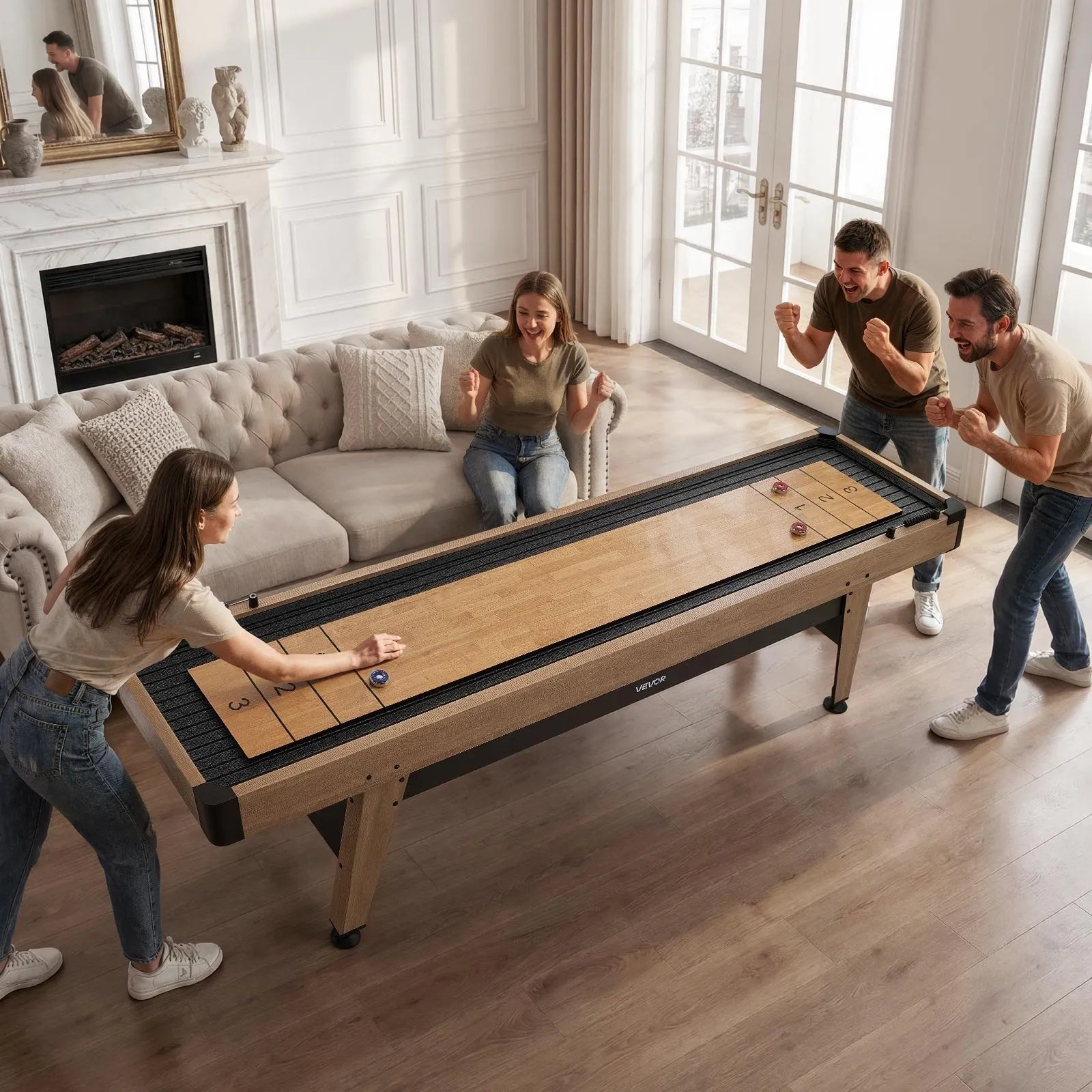 9 ft Shuffleboard Table with Accessories, Scratch-Resistant Playfield, Pedestal Legs & Adjustable Levelers
