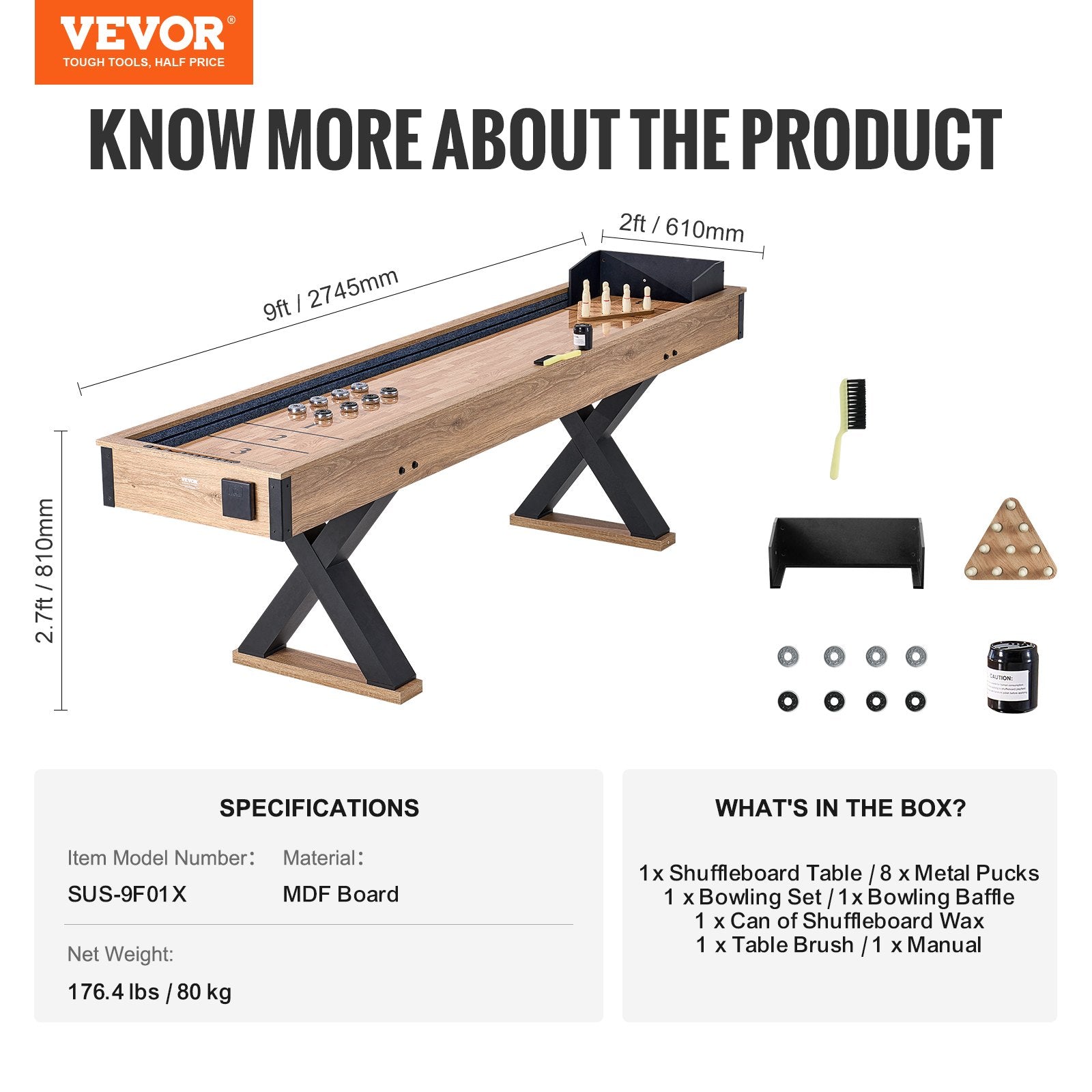 VEVOR 9 ft Shuffleboard Table 2 in 1 Shuffleboard and Bowling Combo Game Set 