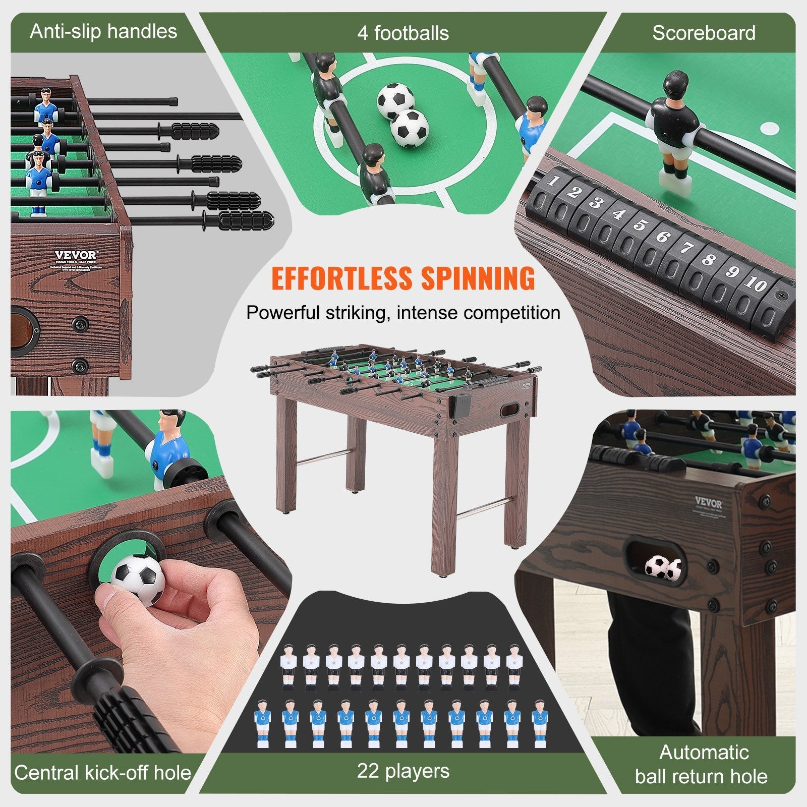 VEVOR Foosball Table, 48 inch Standard Size Foosball Table, Indoor Full Size Foosball Table for Home, Family, and Game Room, Soccer with Foosball Table Set, Includes 2 Balls and 2 Cup Holders 