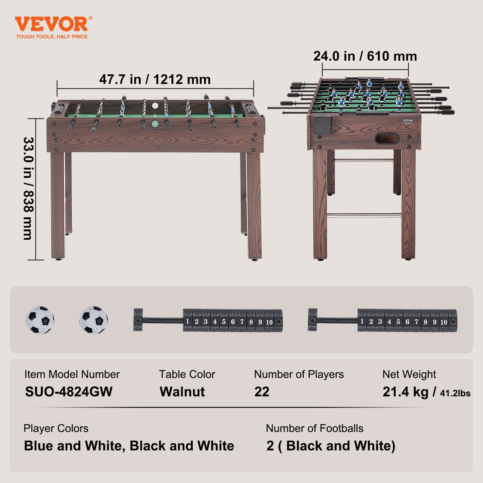 VEVOR Foosball Table, 48 inch Standard Size Foosball Table, Indoor Full Size Foosball Table for Home, Family, and Game Room, Soccer with Foosball Table Set, Includes 2 Balls and 2 Cup Holders 
