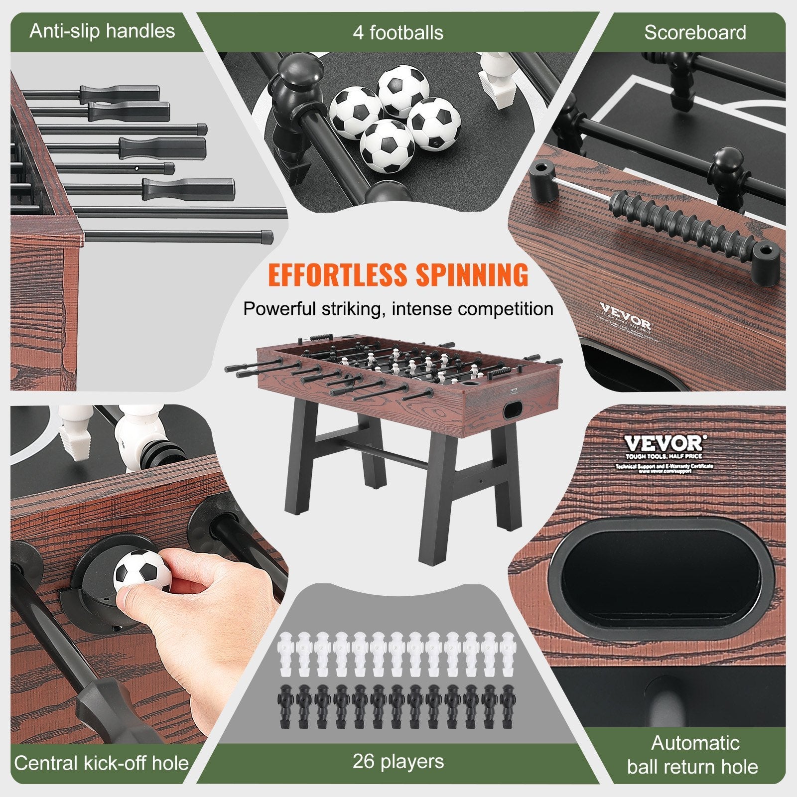 VEVOR Foosball Table, 55 inch Standard Size Foosball Table, Indoor Full Size Foosball Table for Home, Family, and Game Room, Soccer with Foosball Table Set, Includes 4 Balls and 2 Cup Holders 