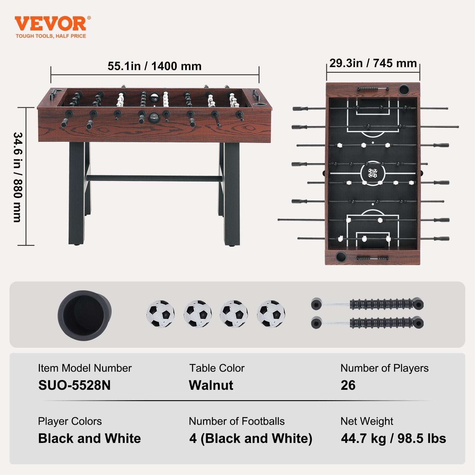 VEVOR Foosball Table, 55 inch Standard Size Foosball Table, Indoor Full Size Foosball Table for Home, Family, and Game Room, Soccer with Foosball Table Set, Includes 4 Balls and 2 Cup Holders 