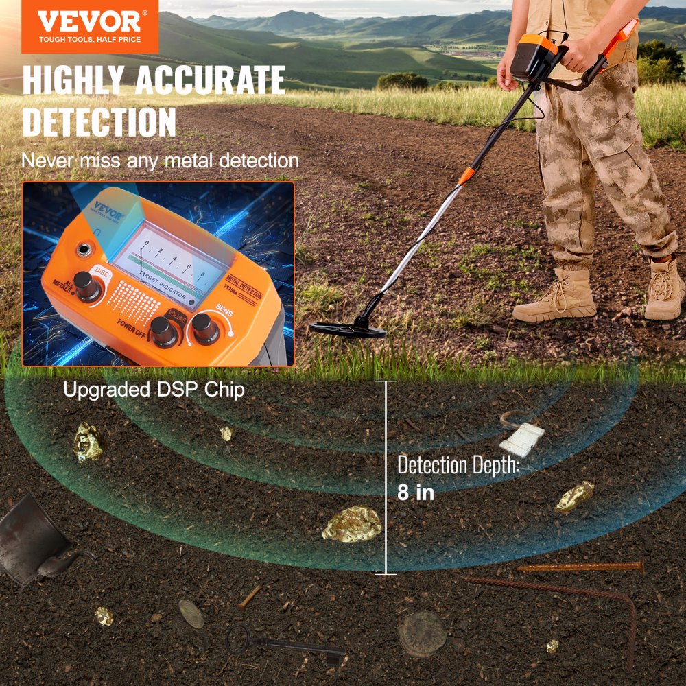 VEVOR Metal Detector for Adults & Kids, 8 Inch Waterproof Search Coil with High Accuracy Pointer Display, Adjustable 38''-49'' Gold Detector, Lightweight Aluminum Stem for Detecting Gold Treasure 