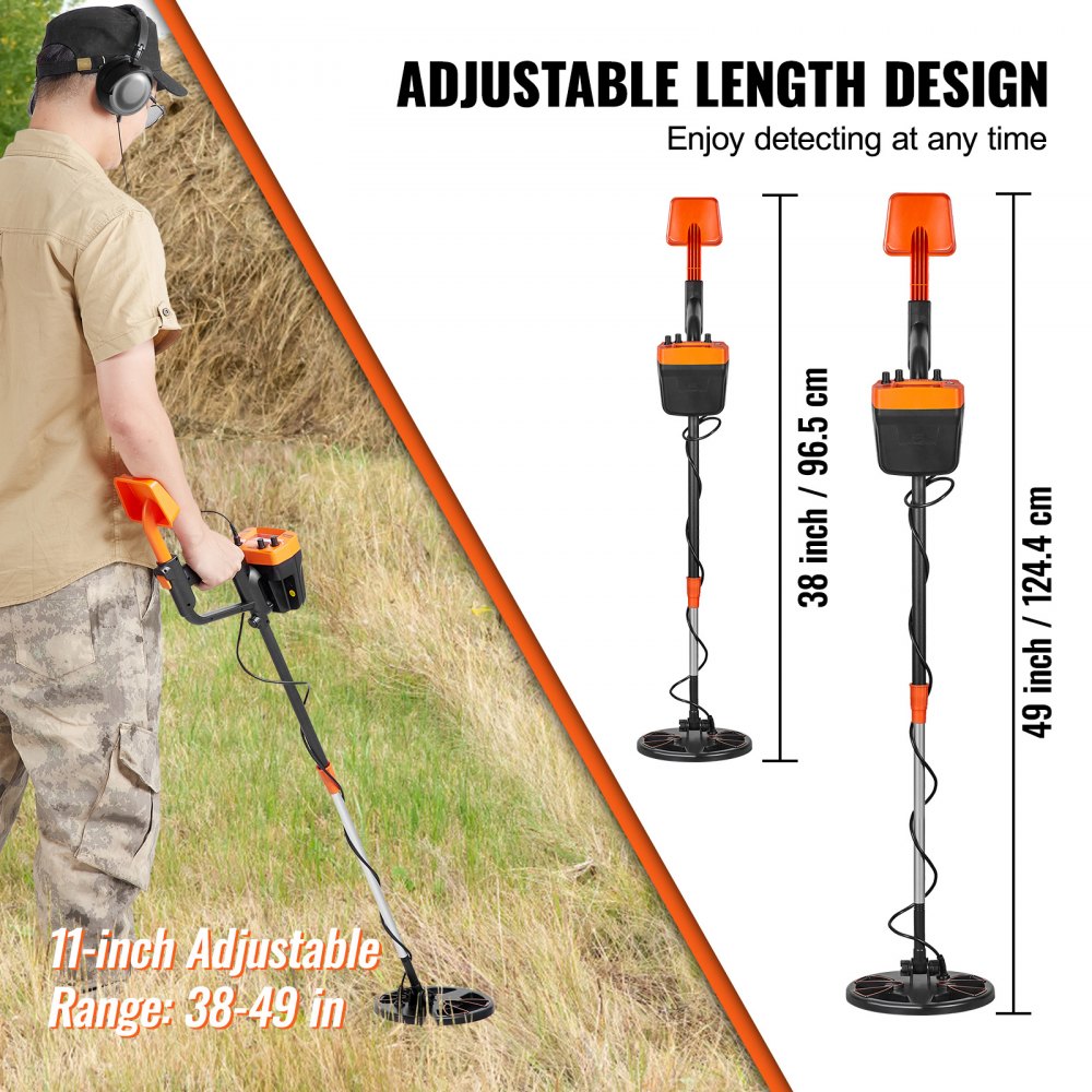 VEVOR Metal Detector for Adults & Kids, 8 Inch Waterproof Search Coil with High Accuracy Pointer Display, Adjustable 38''-49'' Gold Detector, Lightweight Aluminum Stem for Detecting Gold Treasure 