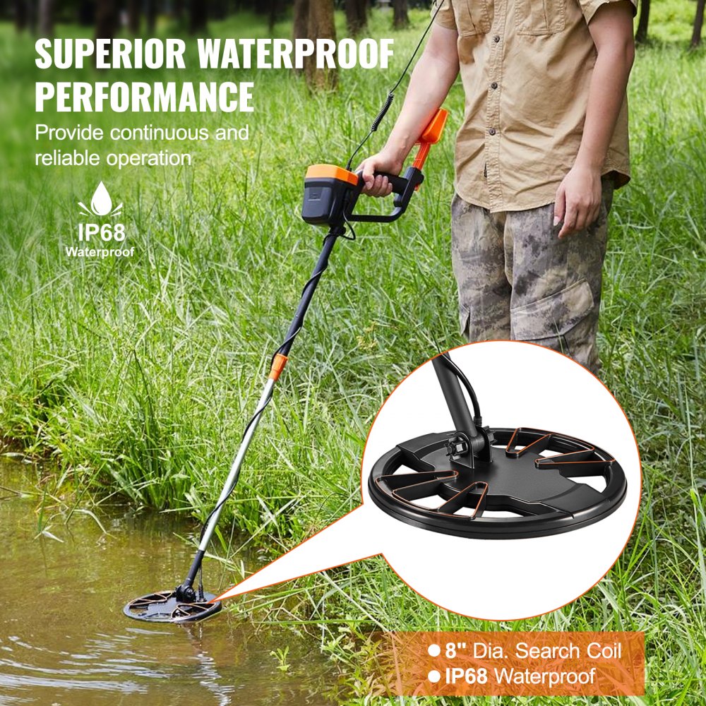 VEVOR Metal Detector for Adults & Kids, 8 Inch Waterproof Search Coil with High Accuracy Pointer Display, Adjustable 38''-49'' Gold Detector, Lightweight Aluminum Stem for Detecting Gold Treasure 