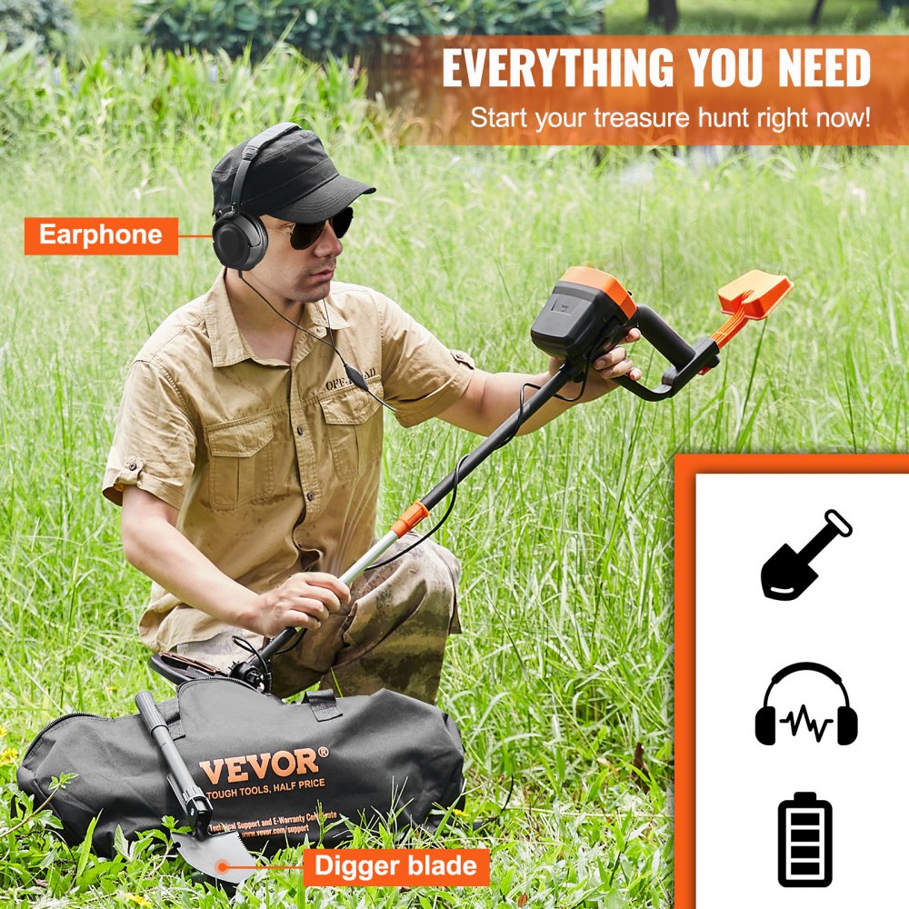 VEVOR Metal Detector for Adults & Kids, 8 Inch Waterproof Search Coil with High Accuracy Pointer Display, Adjustable 38''-49'' Gold Detector, Lightweight Aluminum Stem for Detecting Gold Treasure 