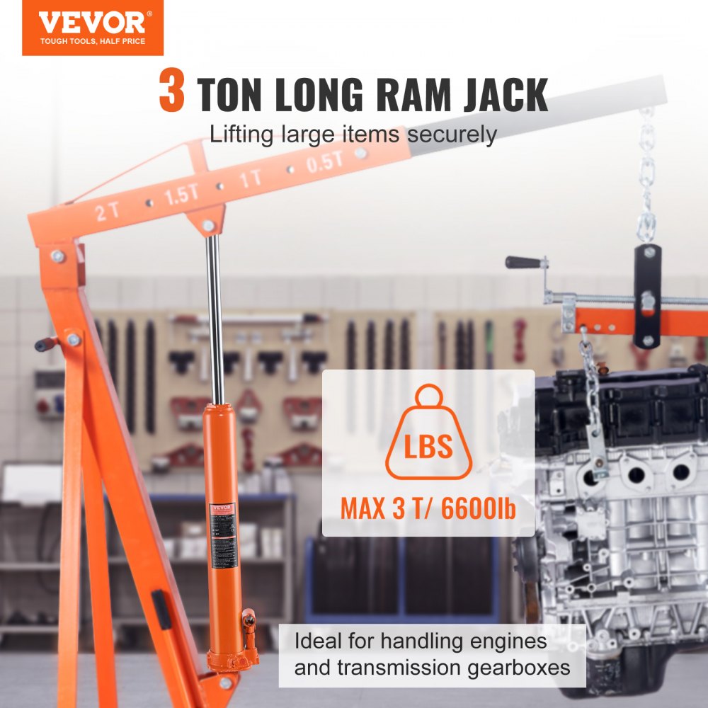 VEVOR Hydraulic Long Ram Jack, 3 Ton Engine Hoist Cylinder with Single Piston Pump And Clevis Base, Hydraulic Ram Cylinder for Engine Lift Hoists, Hydraulic Garage/Shop Cranes, Mechanical, Farm 