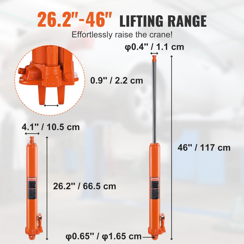VEVOR Hydraulic Long Ram Jack, 3 Ton Engine Hoist Cylinder with Single Piston Pump And Clevis Base, Hydraulic Ram Cylinder for Engine Lift Hoists, Hydraulic Garage/Shop Cranes, Mechanical, Farm 