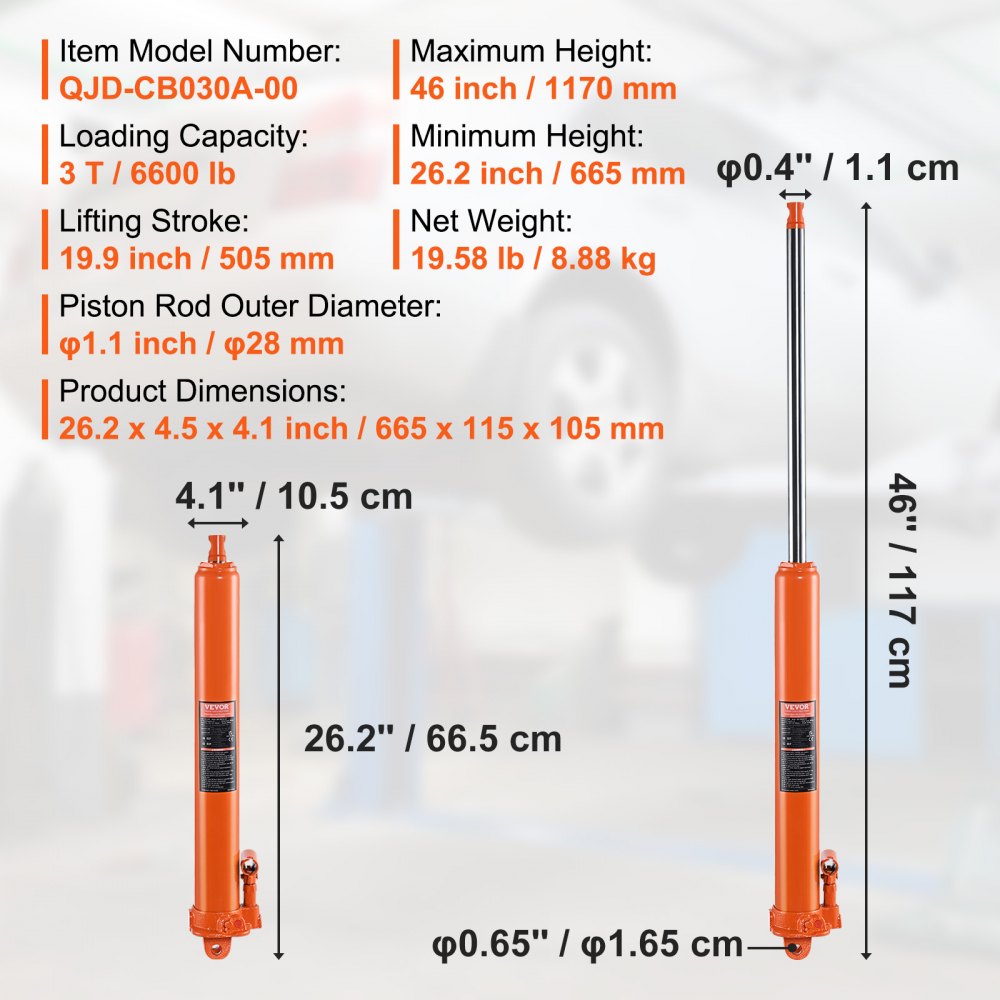 VEVOR Hydraulic Long Ram Jack, 3 Ton Engine Hoist Cylinder with Single Piston Pump And Clevis Base, Hydraulic Ram Cylinder for Engine Lift Hoists, Hydraulic Garage/Shop Cranes, Mechanical, Farm 