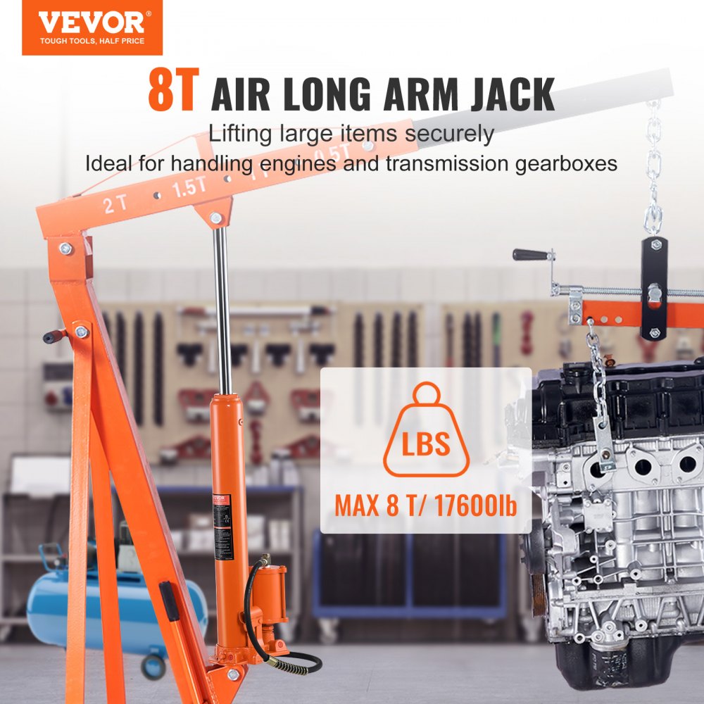VEVOR Hydraulic Long Ram Jack, 8 Ton Engine Hoist Cylinder with Air Pump and Single Piston Pump, Hydraulic Ram Cylinder Clevis Base for Engine Lift Hoists, Garage/Shop Cranes, Mechanical, Farm 