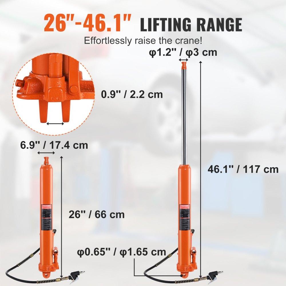 VEVOR Hydraulic Long Ram Jack, 8 Ton Engine Hoist Cylinder with Air Pump and Single Piston Pump, Hydraulic Ram Cylinder Clevis Base for Engine Lift Hoists, Garage/Shop Cranes, Mechanical, Farm 