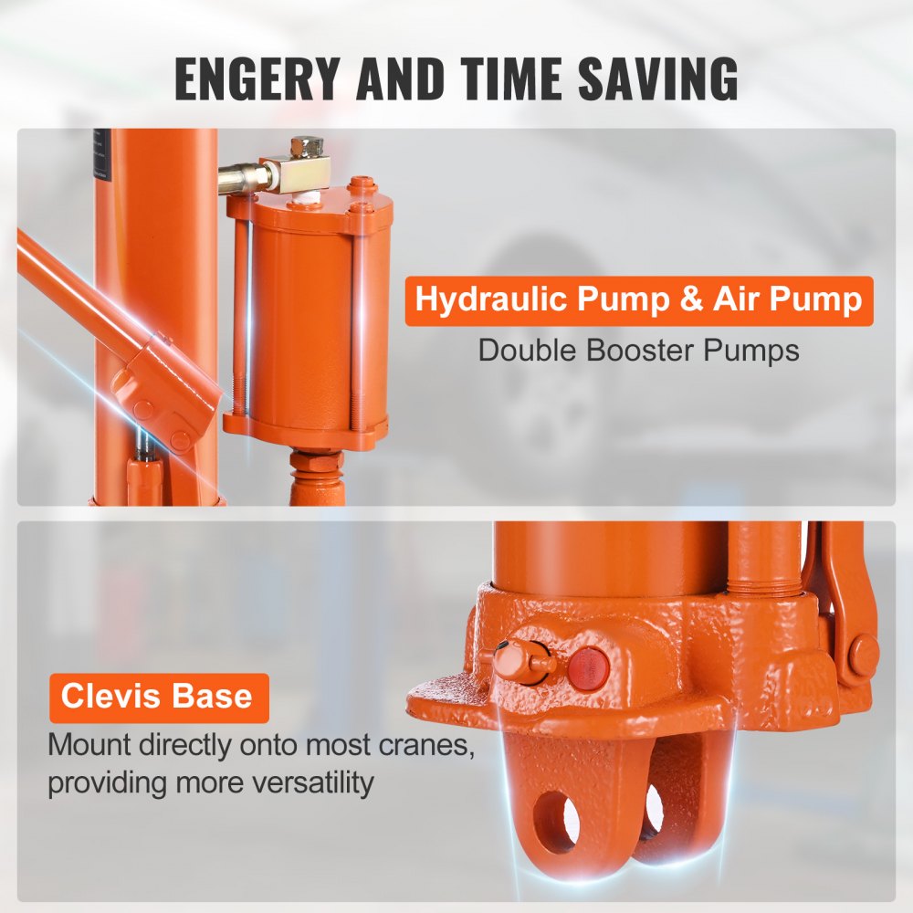 VEVOR Hydraulic Long Ram Jack, 8 Ton Engine Hoist Cylinder with Air Pump and Single Piston Pump, Hydraulic Ram Cylinder Clevis Base for Engine Lift Hoists, Garage/Shop Cranes, Mechanical, Farm 