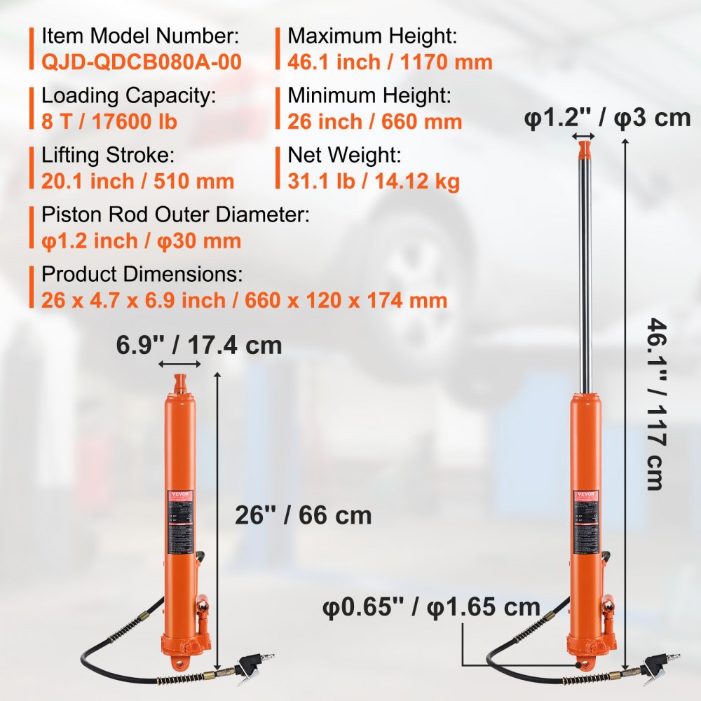 VEVOR Hydraulic Long Ram Jack, 8 Ton Engine Hoist Cylinder with Air Pump and Single Piston Pump, Hydraulic Ram Cylinder Clevis Base for Engine Lift Hoists, Garage/Shop Cranes, Mechanical, Farm 