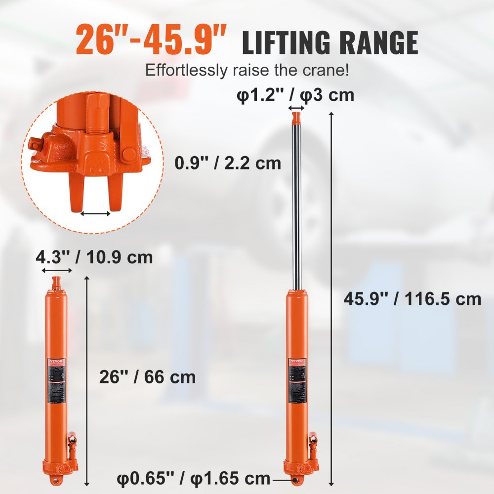 VEVOR Hydraulic Long Ram Jack, 8 Ton Engine Hoist Cylinder with Single Piston Pump And Clevis Base, Hydraulic Ram Cylinder for Engine Lift Hoists, Hydraulic Garage/Shop Cranes, Mechanical, Farm 