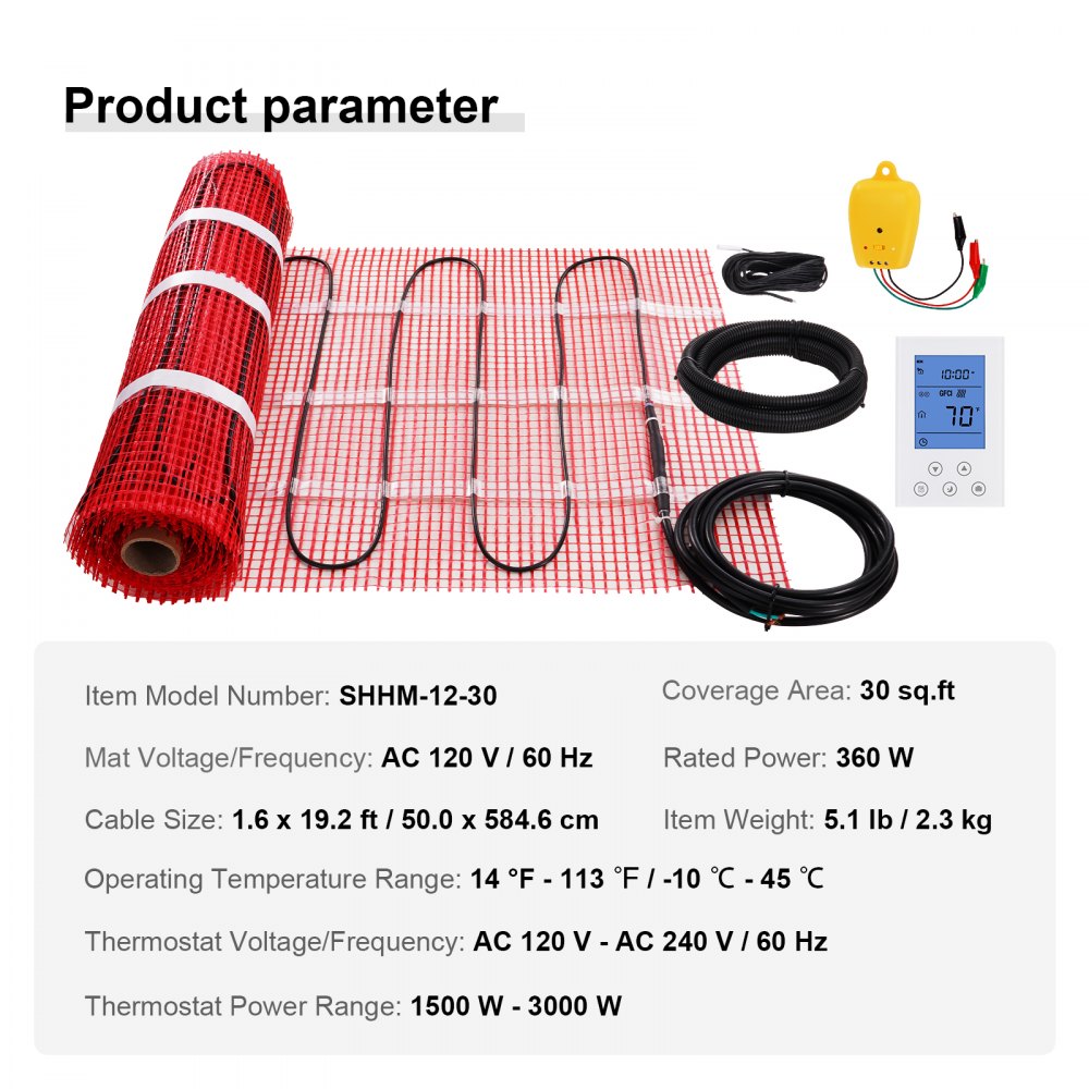 VEVOR Floor Heating Mat, 30 Sq.ft, Electric Radiant In-Floor Heated Warm System with Digital Floor Sensing Thermostat, Includes Installation Monitor, Adhesive Back for Easy Installation on The Floor 