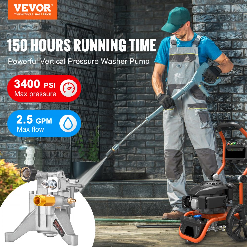 VEVOR Pressure Washer Pump, 7/8" Shaft Vertical, 3400 PSI, 2.5 GPM, Replacement Power Washer Pumps Kit, Parts Washer Pump, Compatible with Honda, Simpson, RYOBI & Stratton, Subaru, Craftsman 