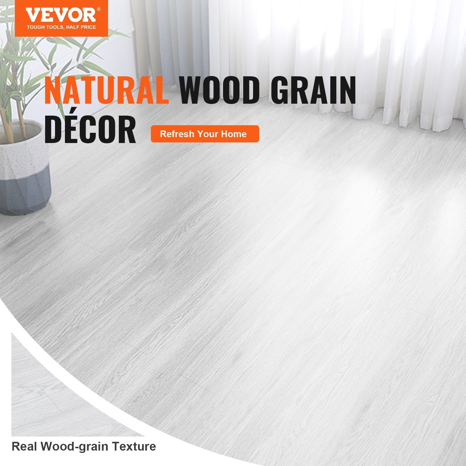 VEVOR Self Adhesive Vinyl Floor Tiles 390 x 23.6 inch, 1.5mm Thick Peel & Stick, Light Gray Wood Grain DIY Flooring for Kitchen, Dining Room, Bedrooms & Bathrooms, Easy for Home Decor 