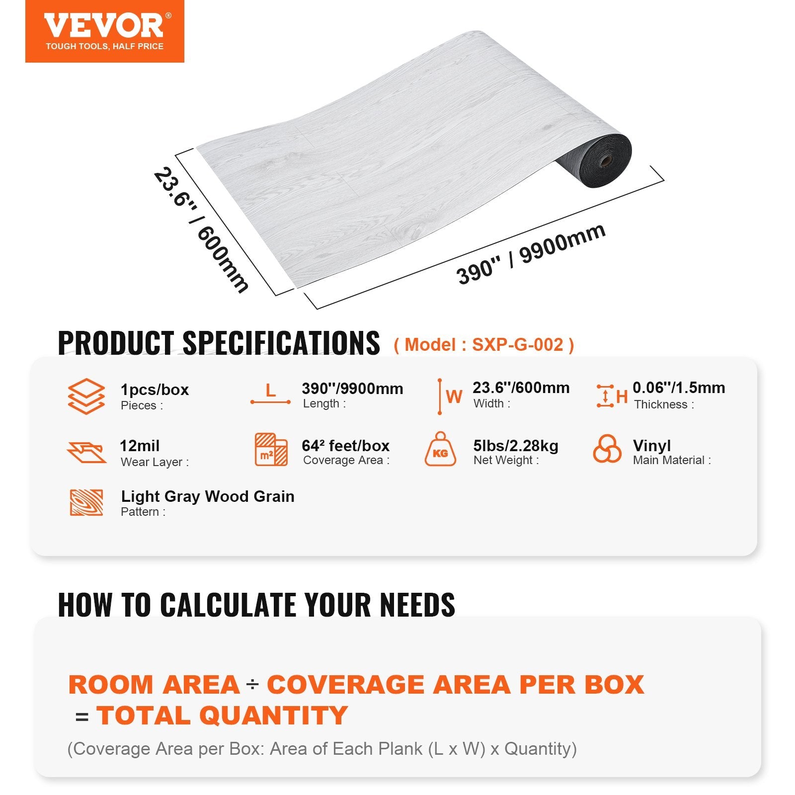 VEVOR Self Adhesive Vinyl Floor Tiles 390 x 23.6 inch, 1.5mm Thick Peel & Stick, Light Gray Wood Grain DIY Flooring for Kitchen, Dining Room, Bedrooms & Bathrooms, Easy for Home Decor 