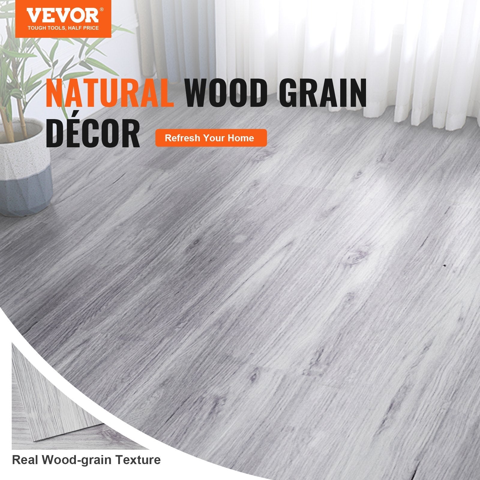 VEVOR Self Adhesive Vinyl Floor Tiles 36 x 6 inch, 20 Tiles 0.62mm Thick Peel & Stick, Light Gray Wood Grain DIY Flooring for Kitchen, Dining Room, Bedrooms & Bathrooms, Easy for Home Decor 