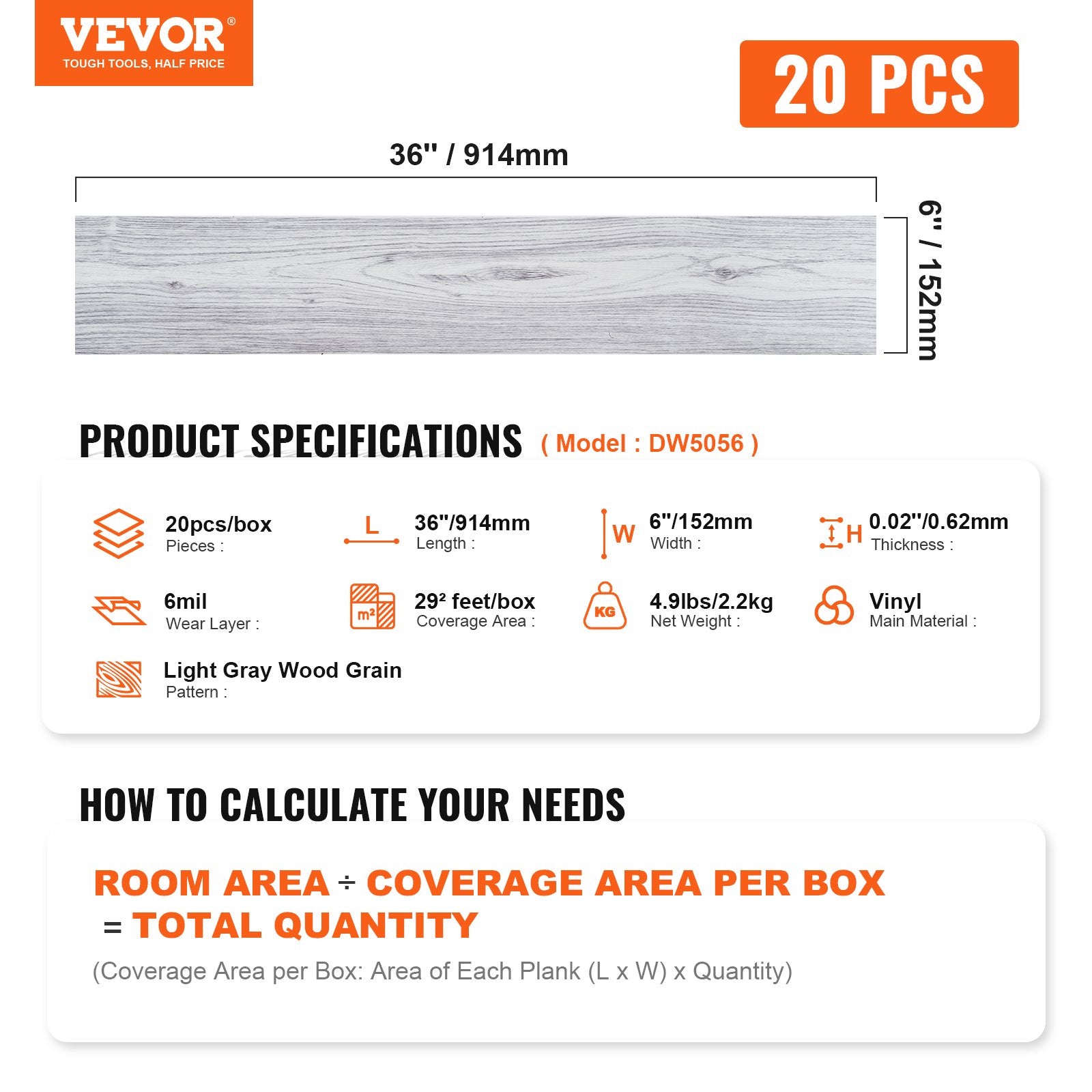 VEVOR Self Adhesive Vinyl Floor Tiles 36 x 6 inch, 20 Tiles 0.62mm Thick Peel & Stick, Light Gray Wood Grain DIY Flooring for Kitchen, Dining Room, Bedrooms & Bathrooms, Easy for Home Decor 