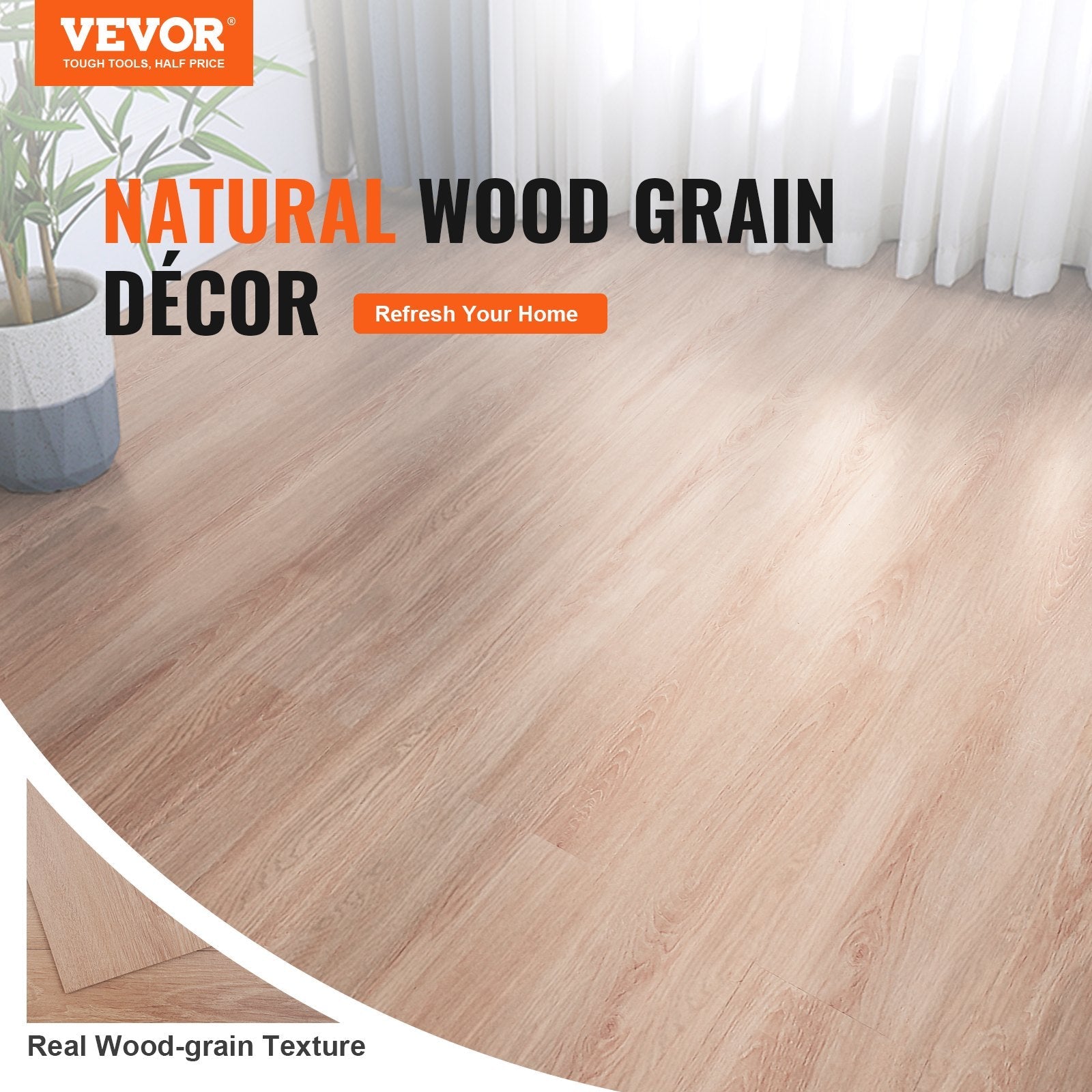 VEVOR Self Adhesive Vinyl Floor Tiles 36 x 6 inch, 36 Tiles 2.5mm Thick Peel & Stick, Natural Wood Grain DIY Flooring for Kitchen, Dining Room, Bedrooms & Bathrooms, Easy for Home Decor 