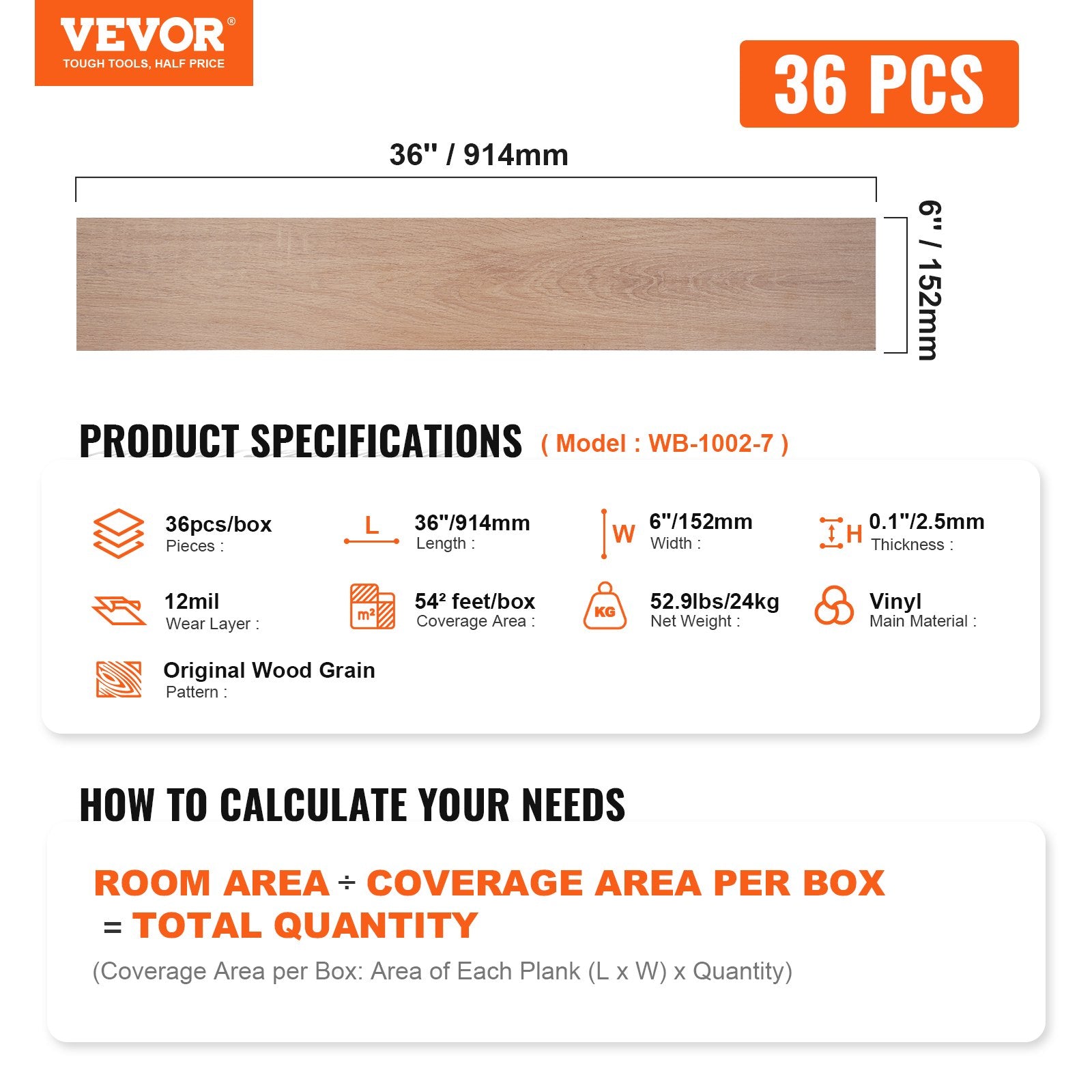 VEVOR Self Adhesive Vinyl Floor Tiles 36 x 6 inch, 36 Tiles 2.5mm Thick Peel & Stick, Natural Wood Grain DIY Flooring for Kitchen, Dining Room, Bedrooms & Bathrooms, Easy for Home Decor 
