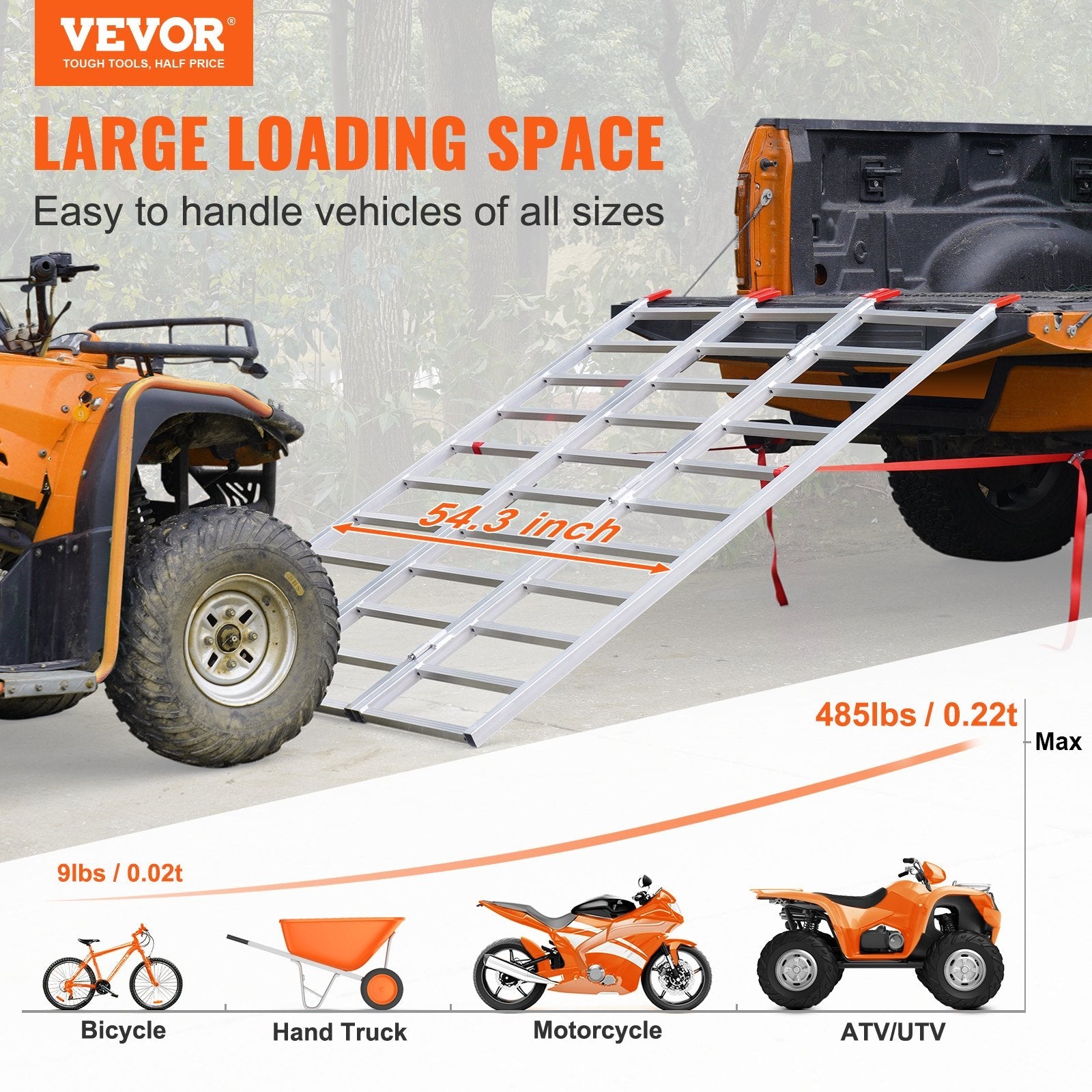 VEVOR Aluminum Ramps, 1500 lbs, Folding Loading Ramp with Load Straps, Tri-Fold Ramp for UTV, ATV, Trucks, Motorcycle, Lawnmower, Snow Blower, 77"L x 54"W, Sliver 