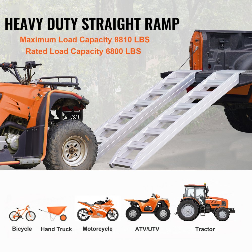 VEVOR Aluminum Ramps, 8810 lbs, Heavy-duty Ramps with Top Hook Attaching End, Universal Loading Ramp for Motorcycle, Tractor, ATV/UTV, Trucks, Lawn Mower, 72"L x 15"W, 2Pcs 