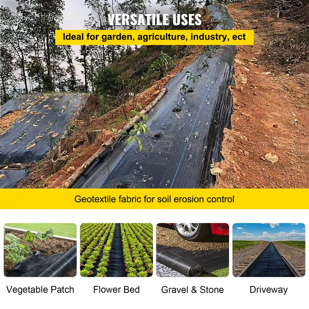 VEVOR Weed Barrier Landscape Fabric, 6 x 250 ft, 4.1 Oz Premium Woven Ground Cover, Heavy Duty PP Material & Easy Setup, Weed Control for Outdoor Garden, Lawn, Driveway, Black 