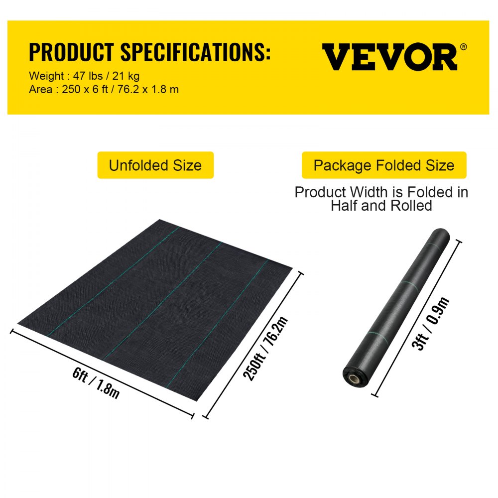 VEVOR Weed Barrier Landscape Fabric, 6 x 250 ft, 4.1 Oz Premium Woven Ground Cover, Heavy Duty PP Material & Easy Setup, Weed Control for Outdoor Garden, Lawn, Driveway, Black 
