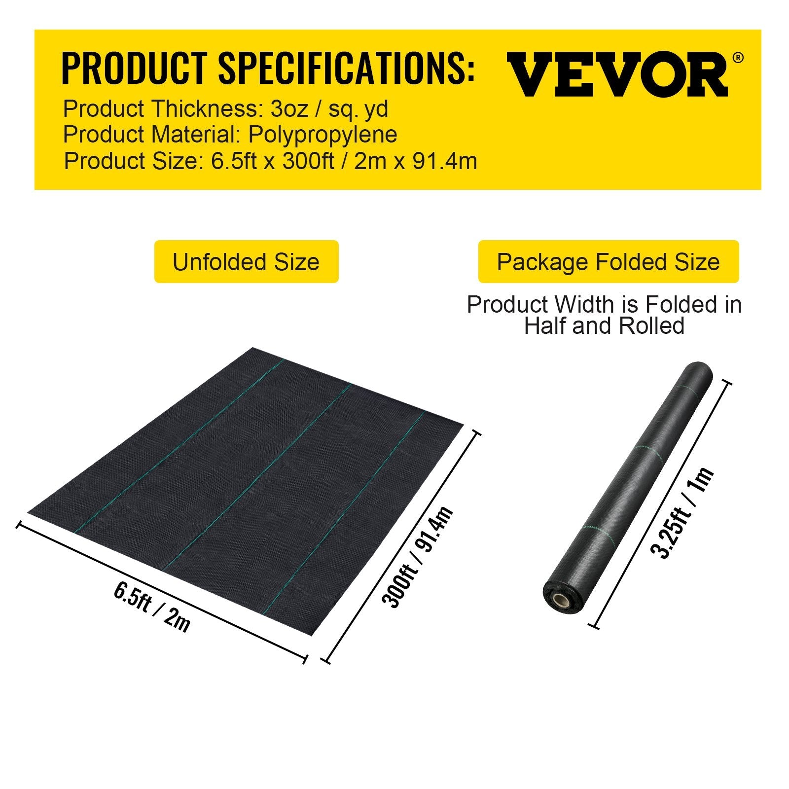 VEVOR 6.5FTx300FT Premium Weed Barrier Fabric Heavy Duty 3.2OZ, Woven Weed Control Fabric, High Permeability Good for Flower Bed, Geotextile Fabric for Underlayment, Polyethylene Ground Cover 
