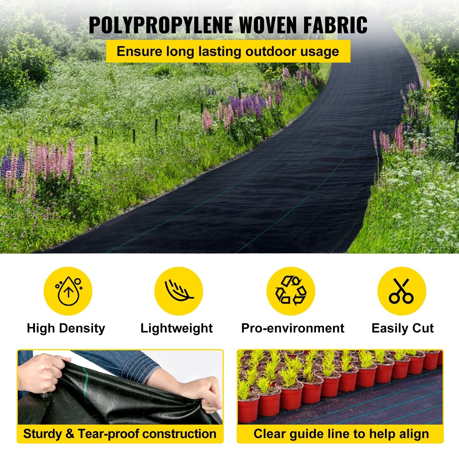 VEVOR 6FTx300FT Premium Weed Barrier Fabric Heavy Duty 3.2OZ, Woven Weed Control Fabric, High Permeability Good for Flower Bed, Geotextile Fabric for Underlayment, Polyethylene Ground Cover 