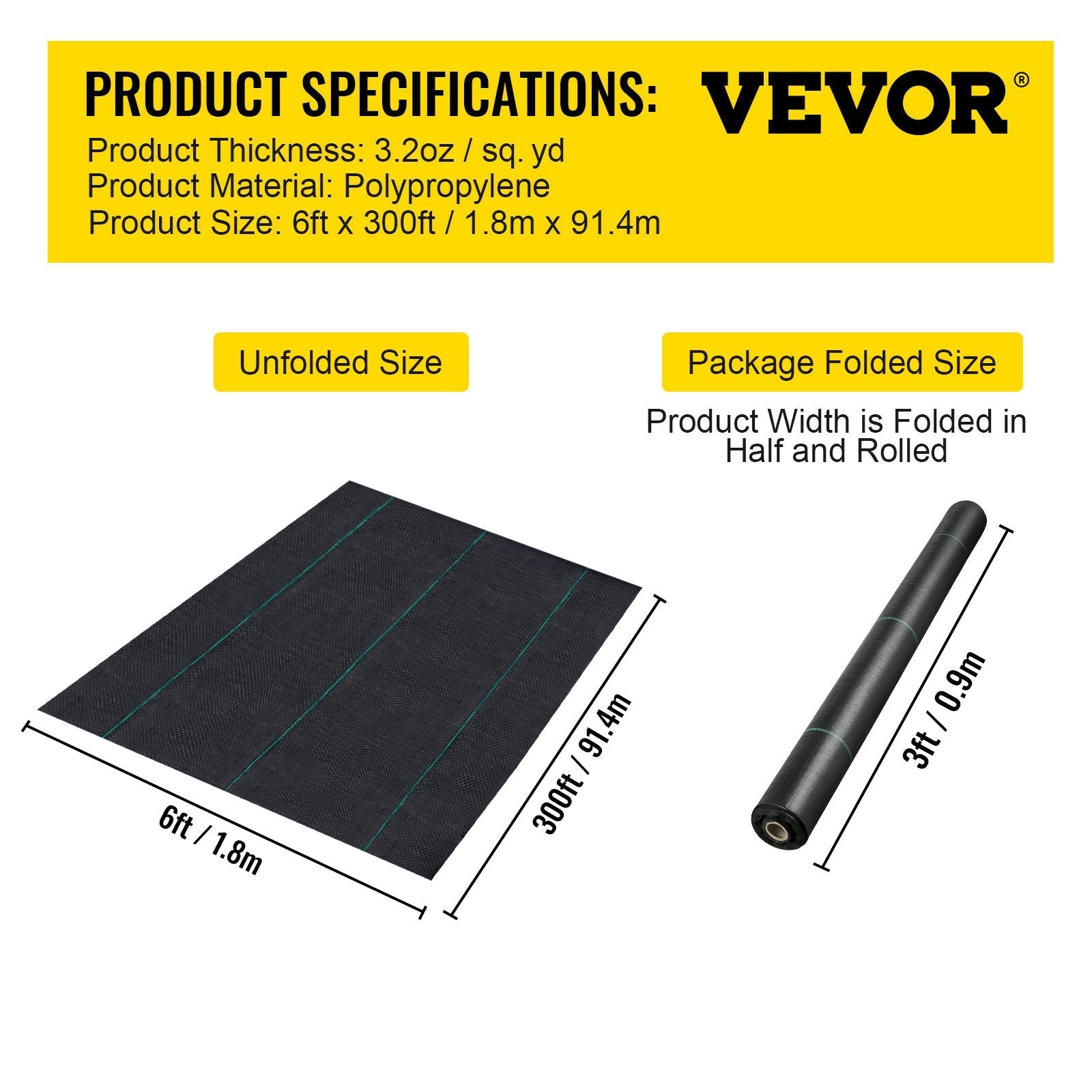 VEVOR 6FTx300FT Premium Weed Barrier Fabric Heavy Duty 3.2OZ, Woven Weed Control Fabric, High Permeability Good for Flower Bed, Geotextile Fabric for Underlayment, Polyethylene Ground Cover 