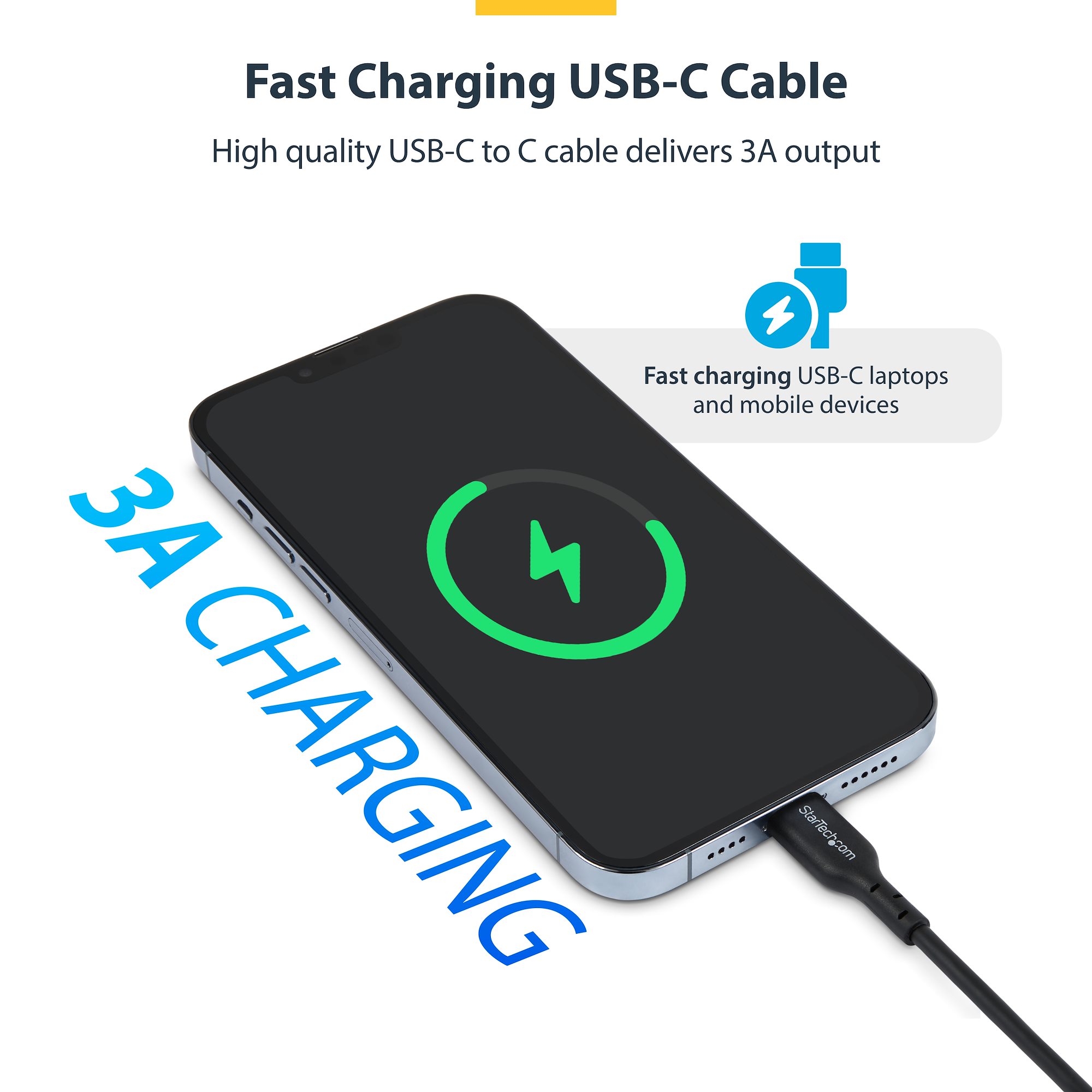 15ft (4.5m) USB-C Charging Cable, Charge & Sync, 60W (3A) PD, USB 2.0 Laptop Charger Cable, TPE Jacket - Black USB C Charging Cord 