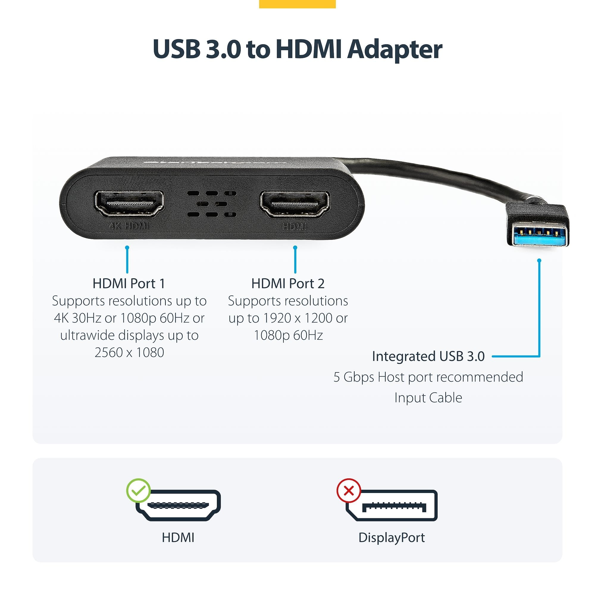 USB 3.0 to Dual HDMI Adapter, USB to 2x HDMI Monitor Converter for Windows (no support for macOS/ChromeOS/Linux) - TAA 